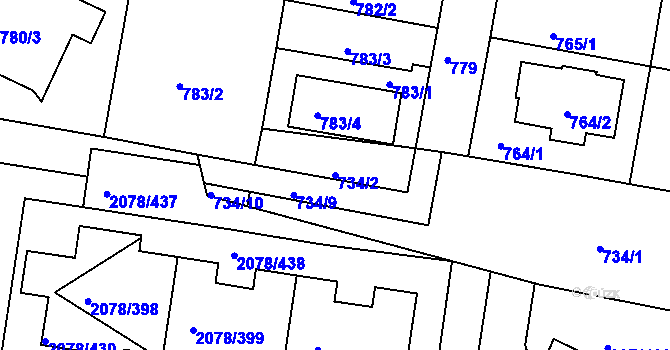 Parcela st. 734/2 v KÚ Záběhlice, Katastrální mapa