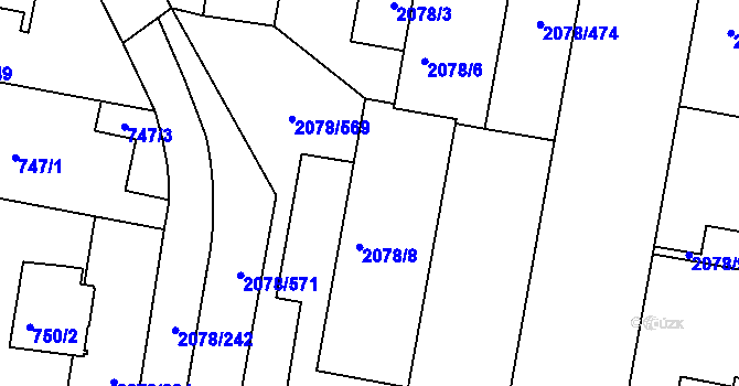 Parcela st. 2078/7 v KÚ Záběhlice, Katastrální mapa