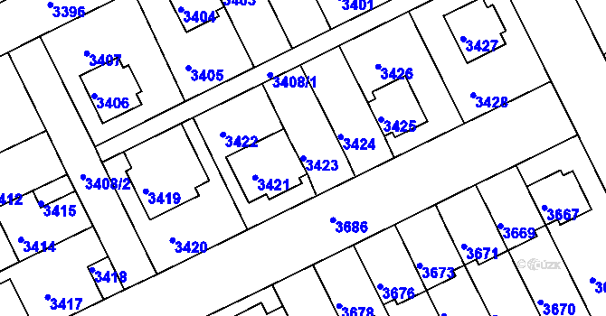 Parcela st. 3423 v KÚ Záběhlice, Katastrální mapa