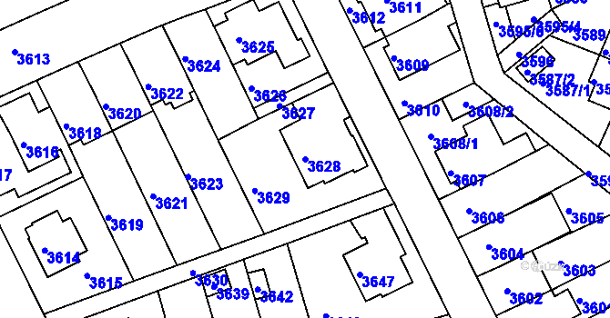 Parcela st. 3628 v KÚ Záběhlice, Katastrální mapa