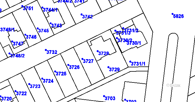 Parcela st. 3728 v KÚ Záběhlice, Katastrální mapa