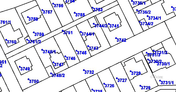Parcela st. 3743 v KÚ Záběhlice, Katastrální mapa