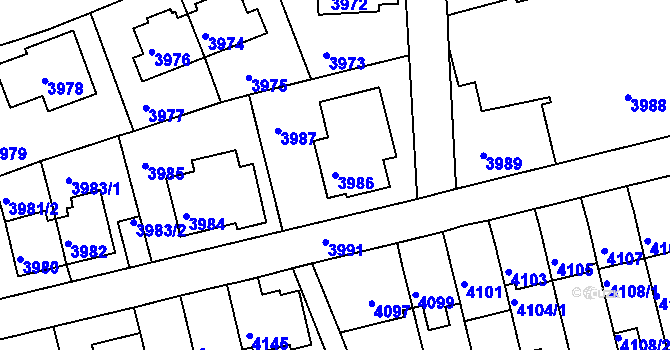 Parcela st. 3986 v KÚ Záběhlice, Katastrální mapa