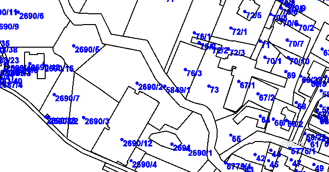 Parcela st. 5849/1 v KÚ Záběhlice, Katastrální mapa