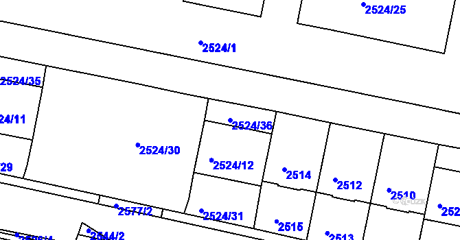 Parcela st. 2524/36 v KÚ Záběhlice, Katastrální mapa
