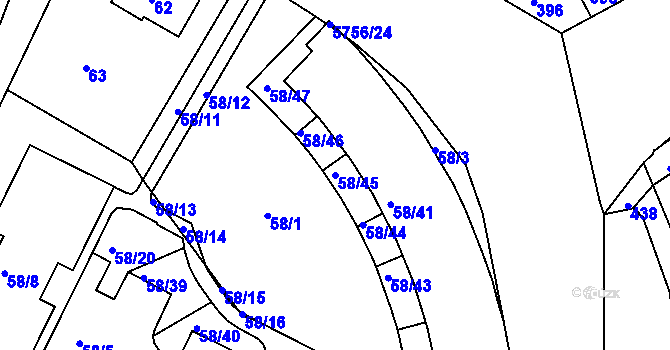 Parcela st. 58/45 v KÚ Záběhlice, Katastrální mapa