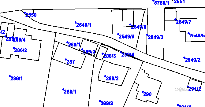 Parcela st. 288/3 v KÚ Záběhlice, Katastrální mapa