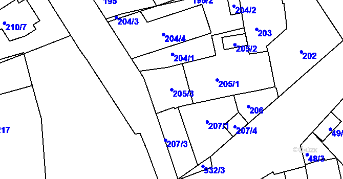 Parcela st. 205/3 v KÚ Malešice, Katastrální mapa