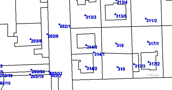 Parcela st. 314/3 v KÚ Petrovice, Katastrální mapa