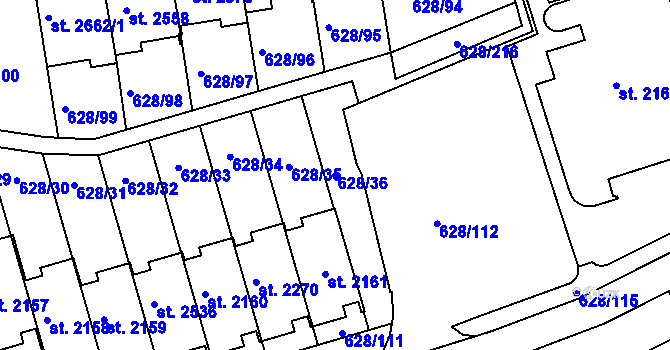 Parcela st. 628/36 v KÚ Prachatice, Katastrální mapa
