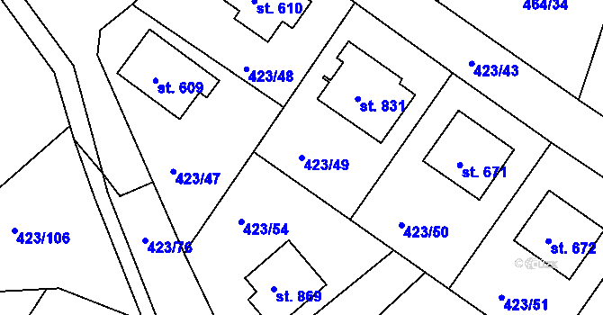Parcela st. 423/49 v KÚ Prachovice, Katastrální mapa