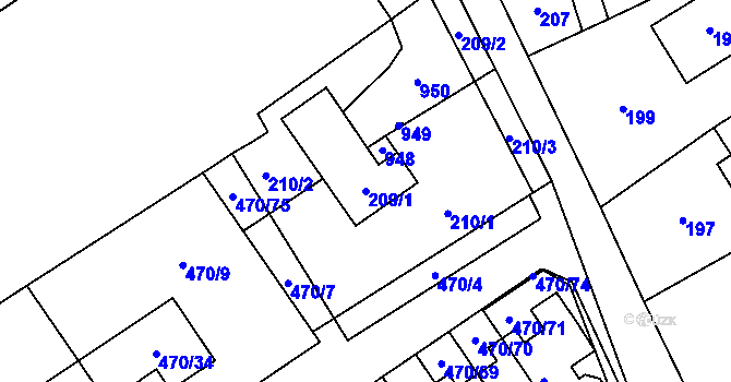 Parcela st. 209/1 v KÚ Praskačka, Katastrální mapa