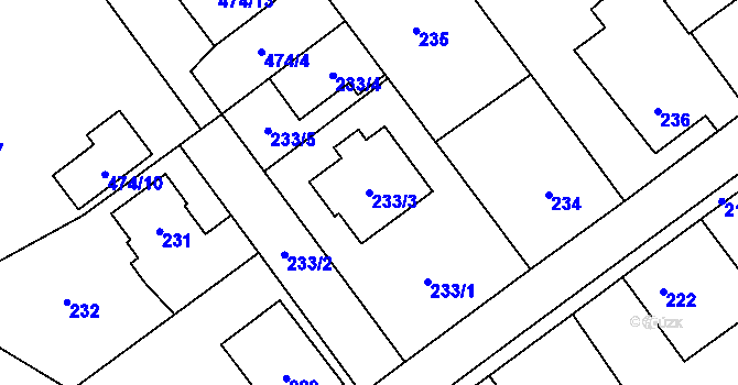 Parcela st. 233/3 v KÚ Praskačka, Katastrální mapa