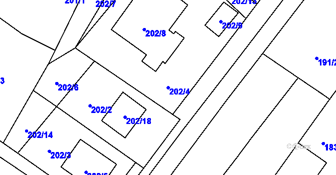 Parcela st. 202/4 v KÚ Urbanice u Praskačky, Katastrální mapa
