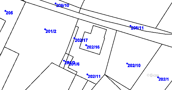 Parcela st. 202/16 v KÚ Urbanice u Praskačky, Katastrální mapa