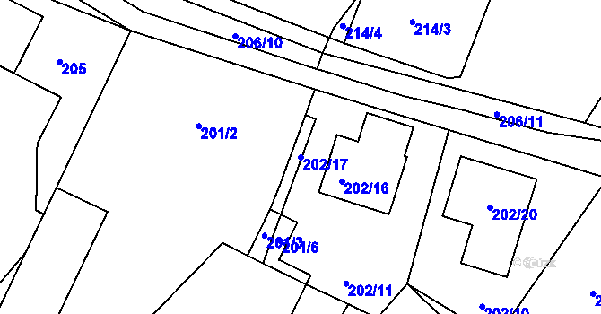 Parcela st. 202/17 v KÚ Urbanice u Praskačky, Katastrální mapa