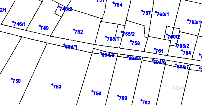 Parcela st. 694/3 v KÚ Proboštov u Teplic, Katastrální mapa