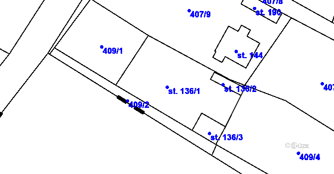 Parcela st. 136/1 v KÚ Prodašice, Katastrální mapa