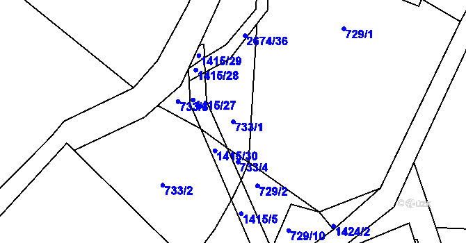 Parcela st. 733/1 v KÚ Záboří u Proseče, Katastrální mapa