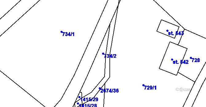 Parcela st. 734/2 v KÚ Záboří u Proseče, Katastrální mapa