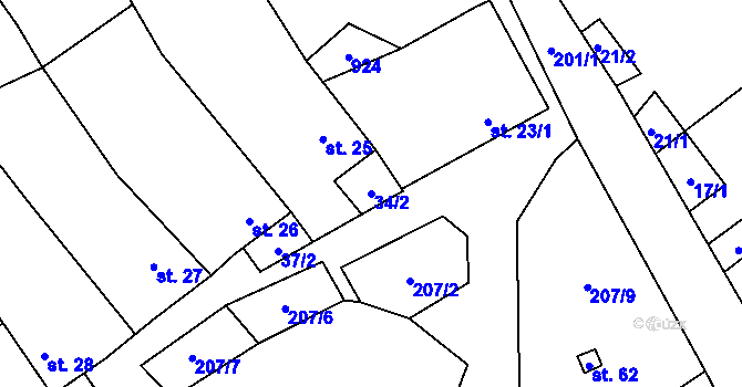 Parcela st. 34/2 v KÚ Proseč-Obořiště, Katastrální mapa