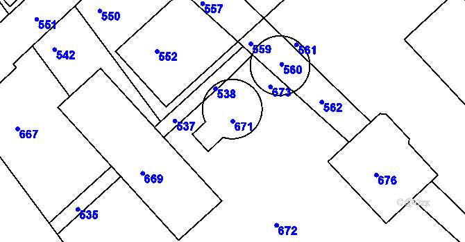Parcela st. 671 v KÚ Proseničky, Katastrální mapa