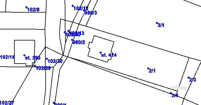 Parcela st. 424 v KÚ Prosetín u Hlinska, Katastrální mapa