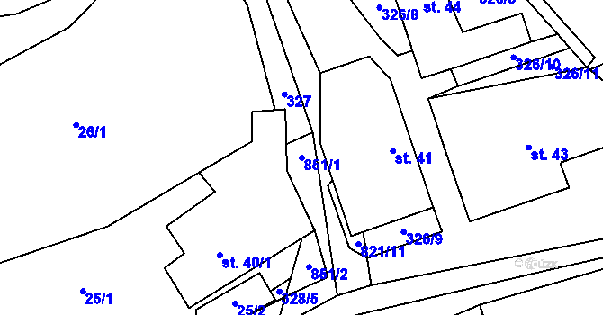 Parcela st. 851/1 v KÚ Brťoví, Katastrální mapa