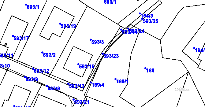 Parcela st. 593/23 v KÚ Proskovice, Katastrální mapa