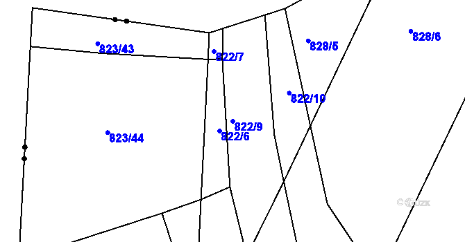 Parcela st. 822/9 v KÚ Proskovice, Katastrální mapa