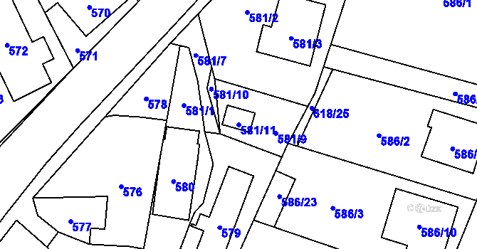 Parcela st. 581/11 v KÚ Proskovice, Katastrální mapa