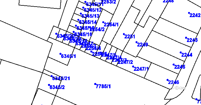 Parcela st. 2247/5 v KÚ Prostějov, Katastrální mapa