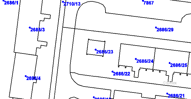 Parcela st. 2686/23 v KÚ Prostějov, Katastrální mapa