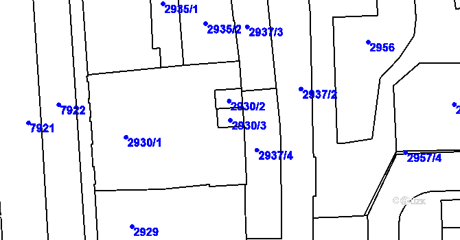 Parcela st. 2930/3 v KÚ Prostějov, Katastrální mapa