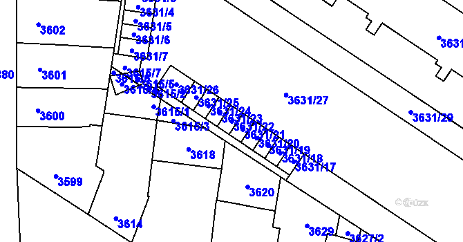 Parcela st. 3631/22 v KÚ Prostějov, Katastrální mapa