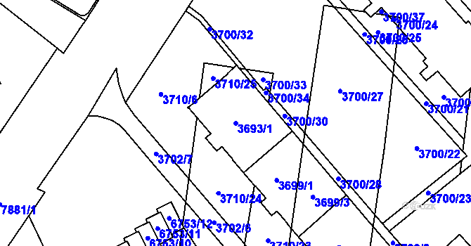 Parcela st. 3693/1 v KÚ Prostějov, Katastrální mapa