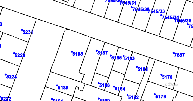 Parcela st. 5187 v KÚ Prostějov, Katastrální mapa