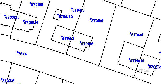 Parcela st. 5705/8 v KÚ Prostějov, Katastrální mapa