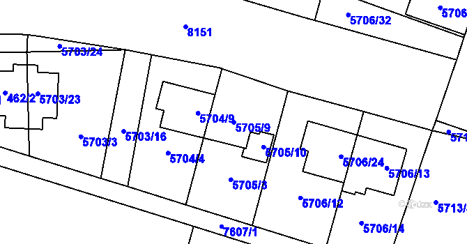 Parcela st. 5705/9 v KÚ Prostějov, Katastrální mapa