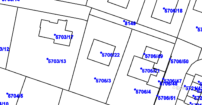 Parcela st. 5706/22 v KÚ Prostějov, Katastrální mapa