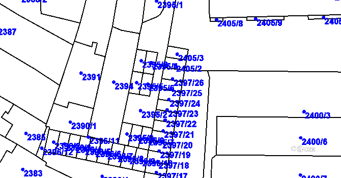 Parcela st. 2397/25 v KÚ Prostějov, Katastrální mapa