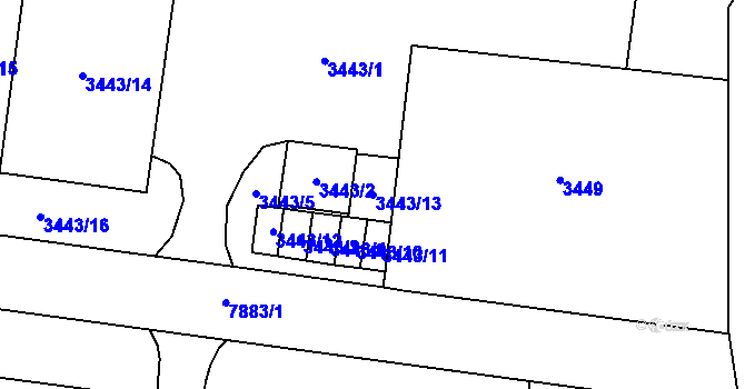 Parcela st. 3443/13 v KÚ Prostějov, Katastrální mapa