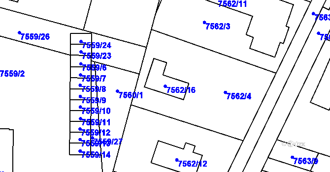 Parcela st. 7562/16 v KÚ Prostějov, Katastrální mapa