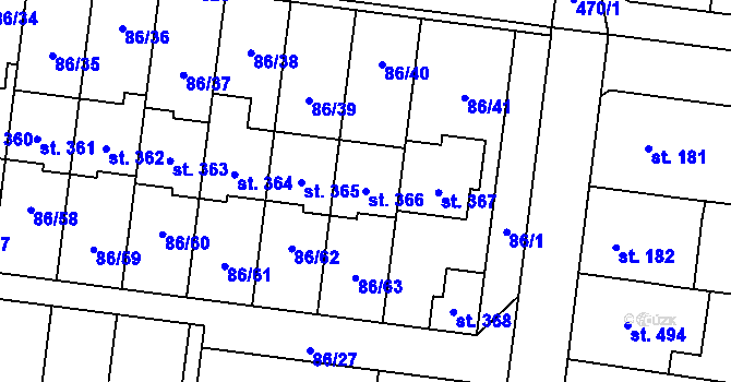 Parcela st. 366 v KÚ Krasice, Katastrální mapa