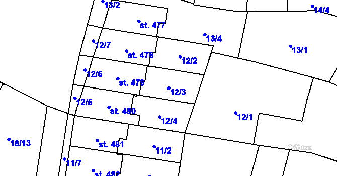 Parcela st. 12/3 v KÚ Krasice, Katastrální mapa
