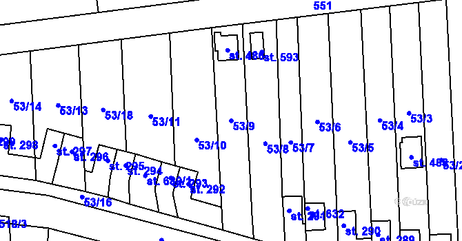 Parcela st. 53/9 v KÚ Krasice, Katastrální mapa