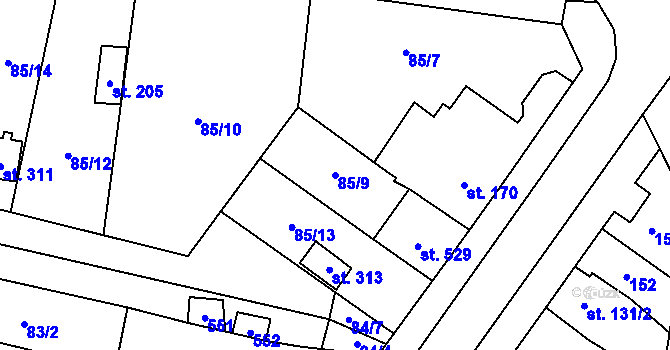 Parcela st. 85/9 v KÚ Krasice, Katastrální mapa