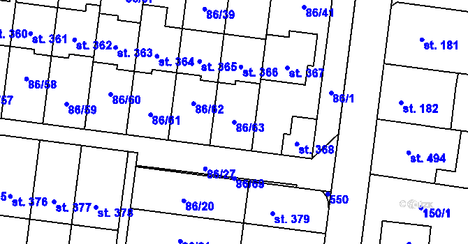 Parcela st. 86/63 v KÚ Krasice, Katastrální mapa