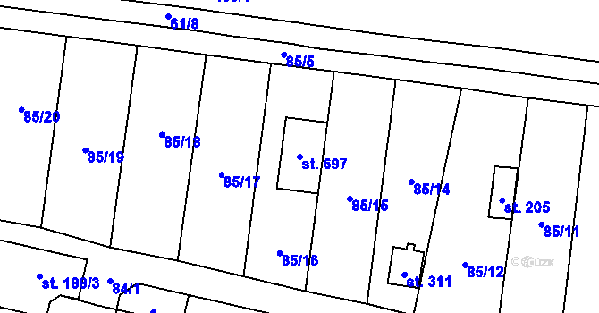 Parcela st. 697 v KÚ Krasice, Katastrální mapa
