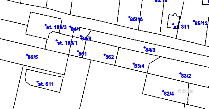 Parcela st. 562 v KÚ Krasice, Katastrální mapa